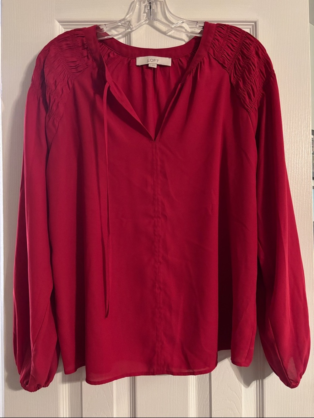 LOFT deep pink Smocked-Yoke Long Sleeve Tie-Neck Blouse